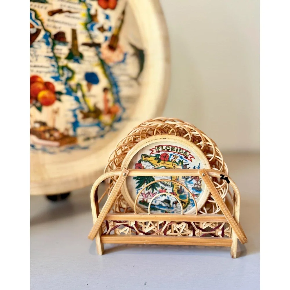 Vintage Florida Map Bamboo Tray and Coasters Set | Mid Century Souvenir